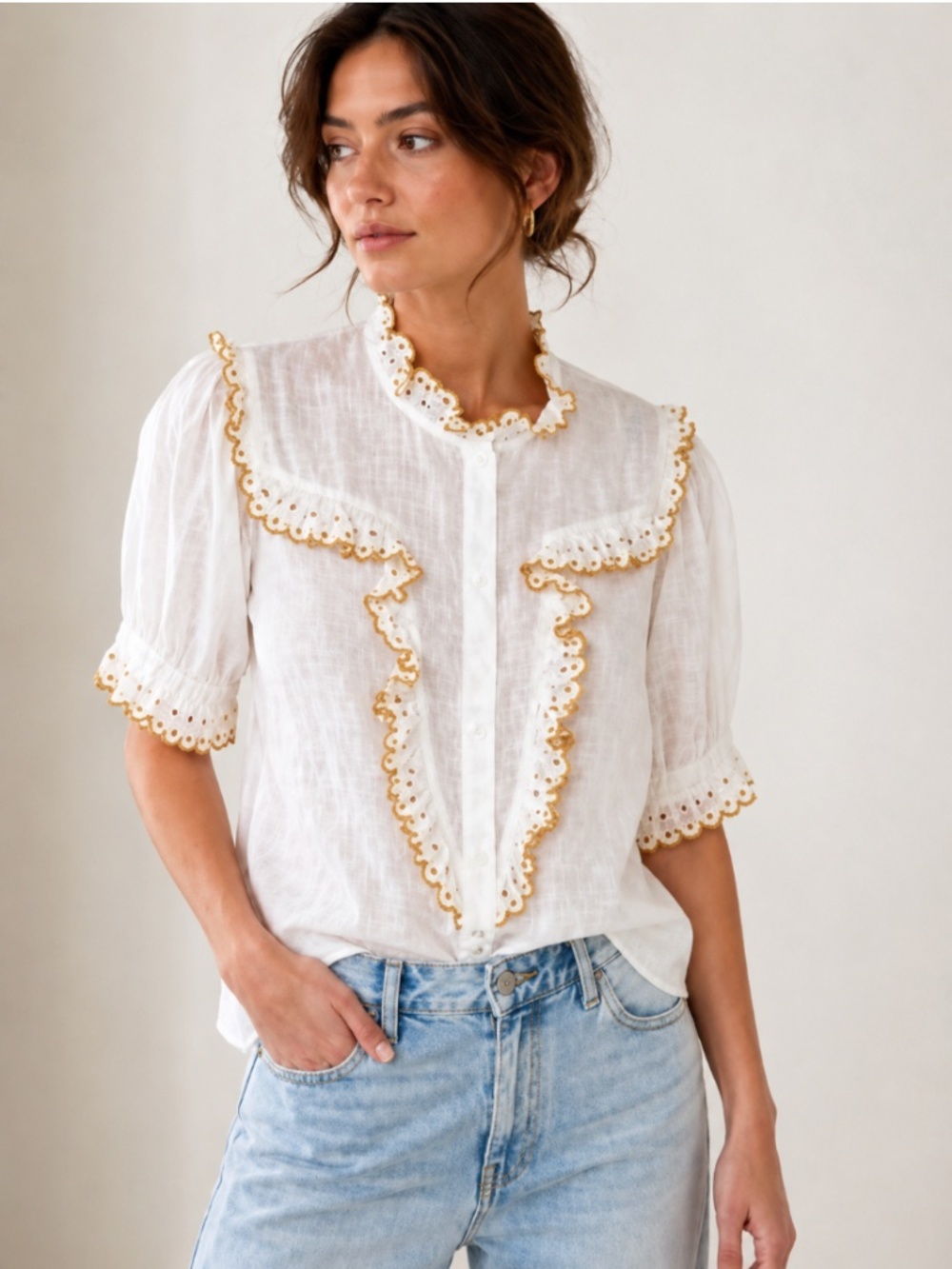 THE GREAT. White Linen Scallop Trim Ruffle Blouse Top Size M
